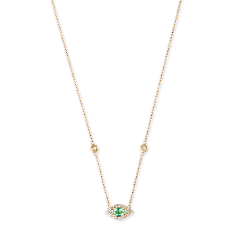 Small Pave Emerald Oval Center Eye Diamond Necklace